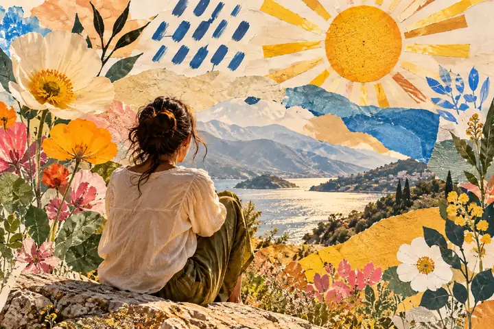 Un collage chaleureux en papier avec des fleurs peintes à la main, un soleil éclatant, des marques bleues et des formes botaniques fantaisistes