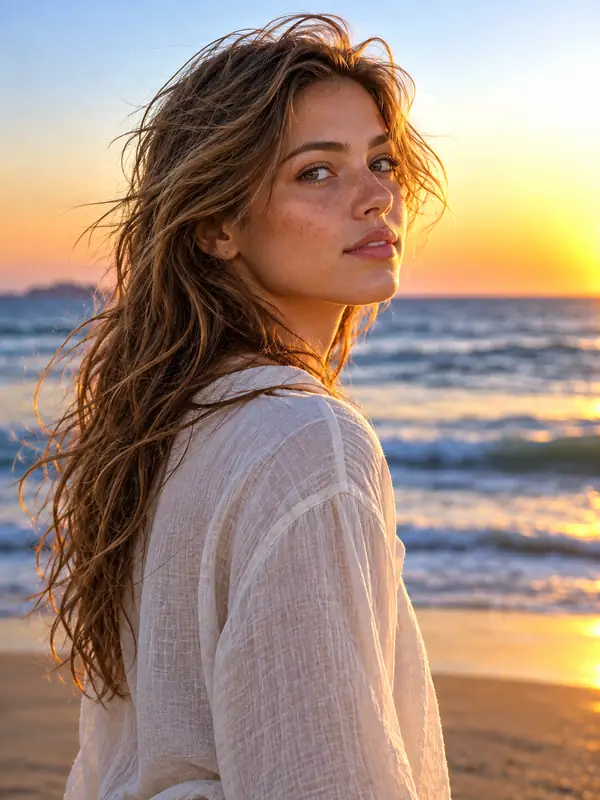 Un portrait au bord de la plage avec des couleurs naturelles équilibrées et des détails nets