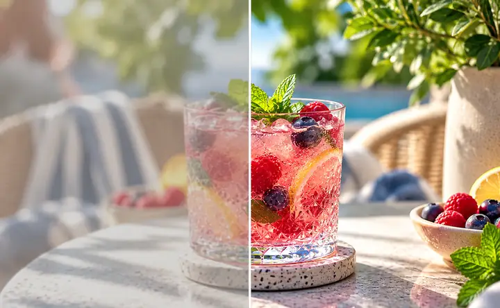 Une boisson colorée photographiée avant et après un ajustement de la netteté