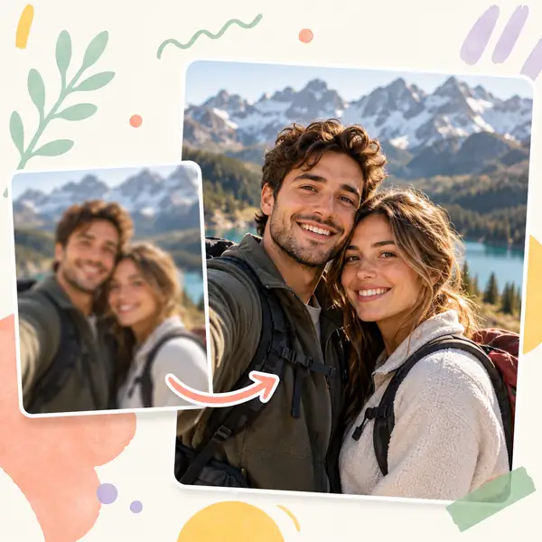 Un couple photographié en extérieur dans une comparaison d’image avant et après