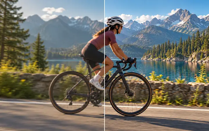 Un cycliste au bord d’un lac de montagne dans une comparaison de la netteté d’une vidéo