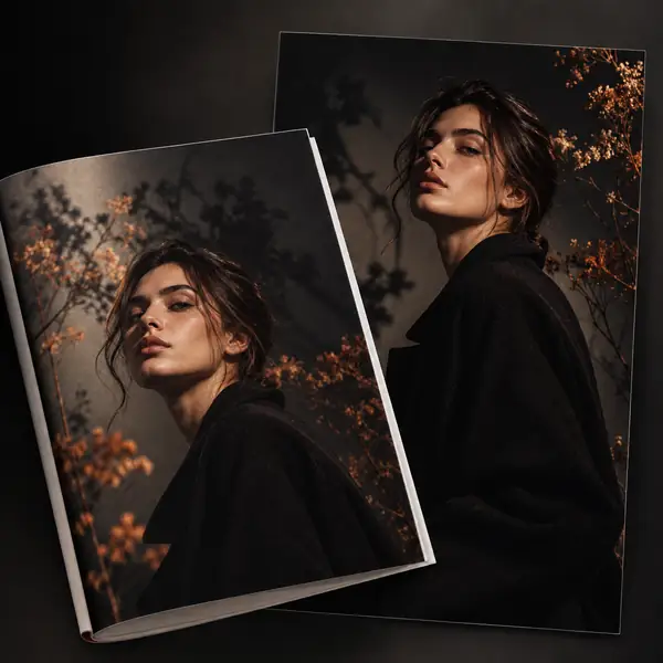 Un portrait en studio sombre présenté comme exemple créatif de qualité photo