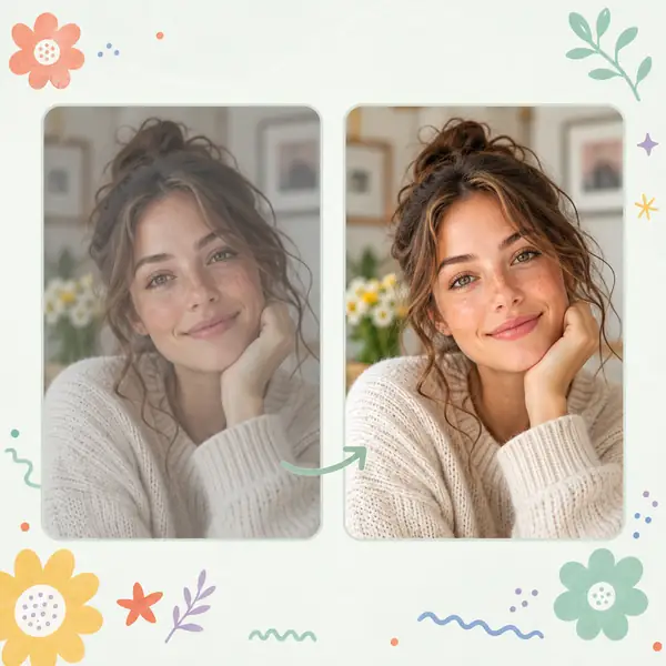 Un portrait présenté avant et après une amélioration de la qualité de l’image, avec de joyeux accents floraux
