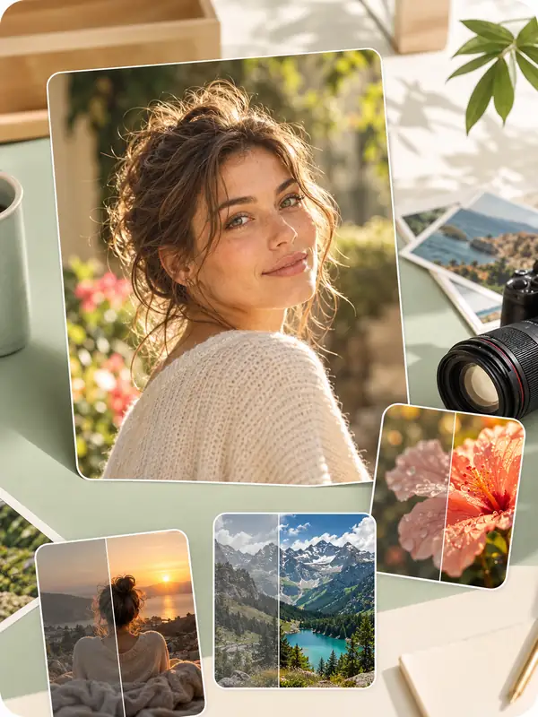 Une photographie de portrait entourée de plusieurs exemples de retouche d’image et d’un appareil photo