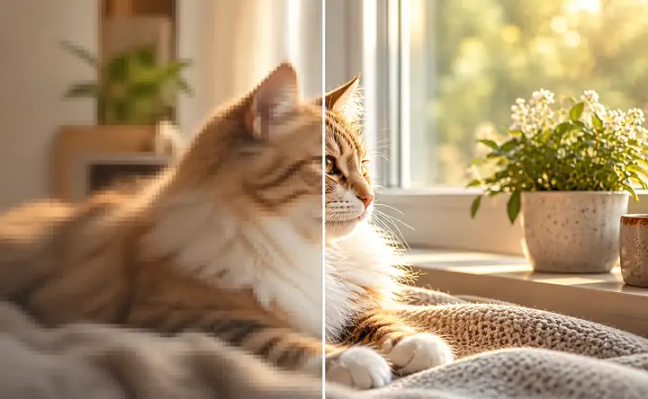 Un chat au repos présenté dans une comparaison des détails de l’image avant et après