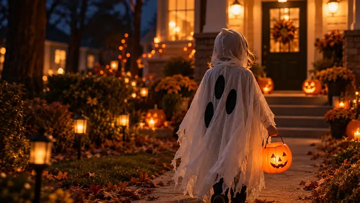 Une scène d’Halloween doucement éclairée, photographiée de nuit