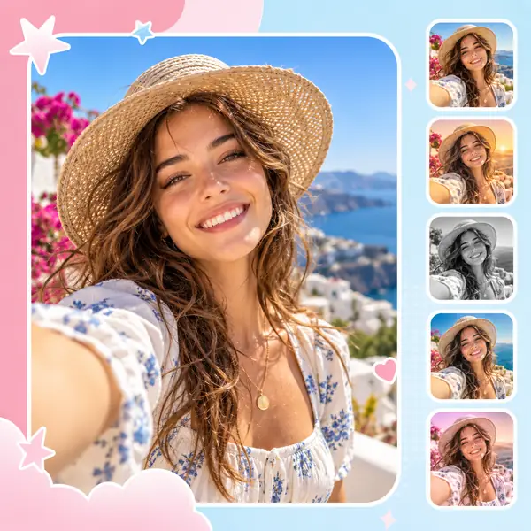 Un portrait ensoleillé accompagné de versions plus petites avec différents traitements d’image
