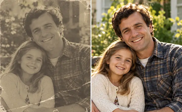 Un ancien portrait présenté dans une comparaison de restauration photo
